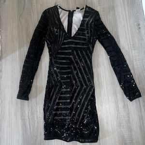 sequin, black windsor pencil dress, zip up back, v neck